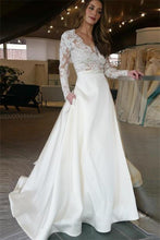 Load image into Gallery viewer, Long Sleeves Ivory Lace Satin Long V-Neck Prom Dresses Party Dresses