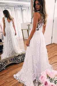A Line V Neck Sleeveless Lace Wedding Dress Long Bridal Dress With SRSP7LAJH3P