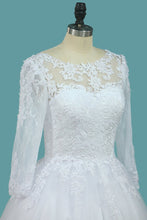 Load image into Gallery viewer, 2024 A Line Tulle Bateau 3/4 Length Sleeve Wedding Dresses With Applique Sweep Train
