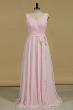 Load image into Gallery viewer, 2024 A Line Bridesmaid Dresses V Neck Beaded Bodice Chiffon Floor Length