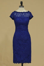 Load image into Gallery viewer, 2024 Dark Royal Blue Evening Dresses Off The Shoulder With Applique Lace Knee-Length