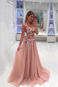 2024 Straps Tulle A Line With Applique Prom Dresses Sweep Train