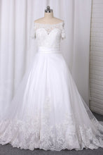 Load image into Gallery viewer, 2024 A Line Boat Neck Wedding Dresses Short Sleeves Tulle With Applique Chapel Train