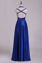 Load image into Gallery viewer, 2024 Scoop Prom Dresses A Line Open Back Stretch Satin With Slit Floor Length