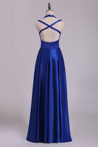 2024 Scoop Prom Dresses A Line Open Back Stretch Satin With Slit Floor Length