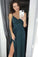 Simple Spaghetti Straps V Neck Ruffles Prom Dress with Pleats, High Slit Evening Dress SRS15533