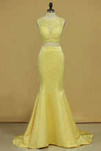 Load image into Gallery viewer, 2024 Two Pieces Scoop Mermaid Prom Dresses With Beading Satin &amp; Lace