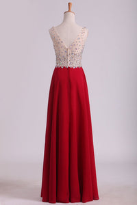 2024 A Line V Neck Prom Dresses Chiffon With Beads And Slit Sweep Train