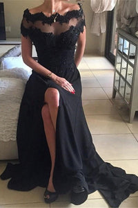 2023 New Arrival Prom Dresses Bateau Spandex With Applique And Slit A Line