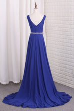 Load image into Gallery viewer, 2024 V Neck Bridesmaid Dresses A Line Chiffon With Beads And Slit
