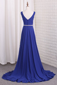 2024 V Neck Bridesmaid Dresses A Line Chiffon With Beads And Slit