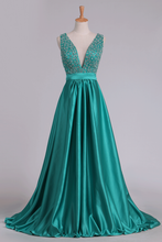 Load image into Gallery viewer, 2024 Sweep Train A Line Prom Dresses V Neck Satin With Beading