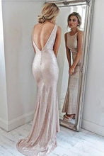 Load image into Gallery viewer, Sparkly Open Back Pink Sheath Long Prom Dresses Evening Dresses