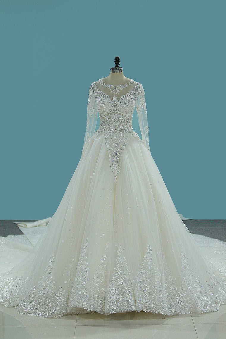 2023 Gorgeous Wedding Dresses Scoop Tulle With Beadings Zipper Back Royal Train