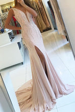Load image into Gallery viewer, 2024 V-Neck Mermaid Chiffon Prom Dresses With Beads And Slit Open Back