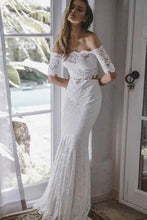 Load image into Gallery viewer, 2 Pieces Ivory Lace Mermaid Off the Shoulder Wedding Dresses, Beach Wedding Gowns SRS14986