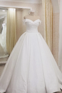 Glitter Off The Shoulder Ball Gown White Sweep Train Wedding Dress