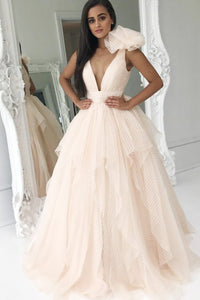 Elegant Deep V-Neck Pink Ball Gown Princess Prom Dresses Quinceamera Dresses