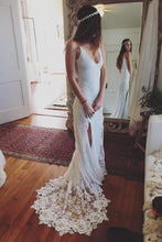 Load image into Gallery viewer, Ivory Lace Spaghetti Straps Sheath Long Front Split Beach Wedding Dresses