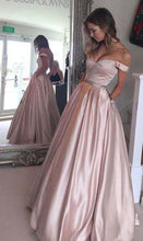 Load image into Gallery viewer, Pearl Pink A-line Off the Shoulder Sweetheart with Pockets Long Senior Prom Dresses RS769