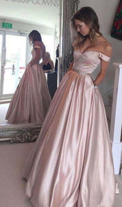 Pearl Pink A-line Off the Shoulder Sweetheart with Pockets Long Senior Prom Dresses RS769