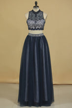 Load image into Gallery viewer, 2024 Prom Dresses High Neck Two Pieces Tulle A Line With Beads Floor Length