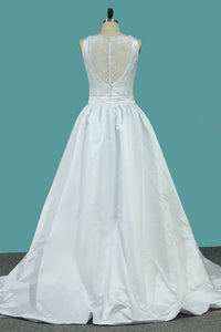 2023 Scoop Satin A Line Wedding Dresses With Bow Knot Sweep Train