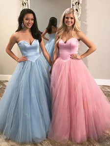 Unique Ball Gown Sweetheart Strapless Tulle Prom Dresses, Cheap Formal SRS20474