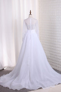 2024 Wedding Dresses Scoop Long Sleeves Tulle & Organza With Applique Sweep Train Detachable