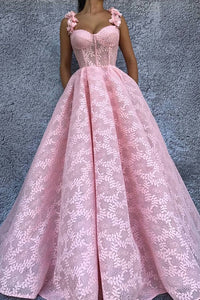2024 Straps Prom Dresses A Line Lace With Handmade Flower Sweep Train