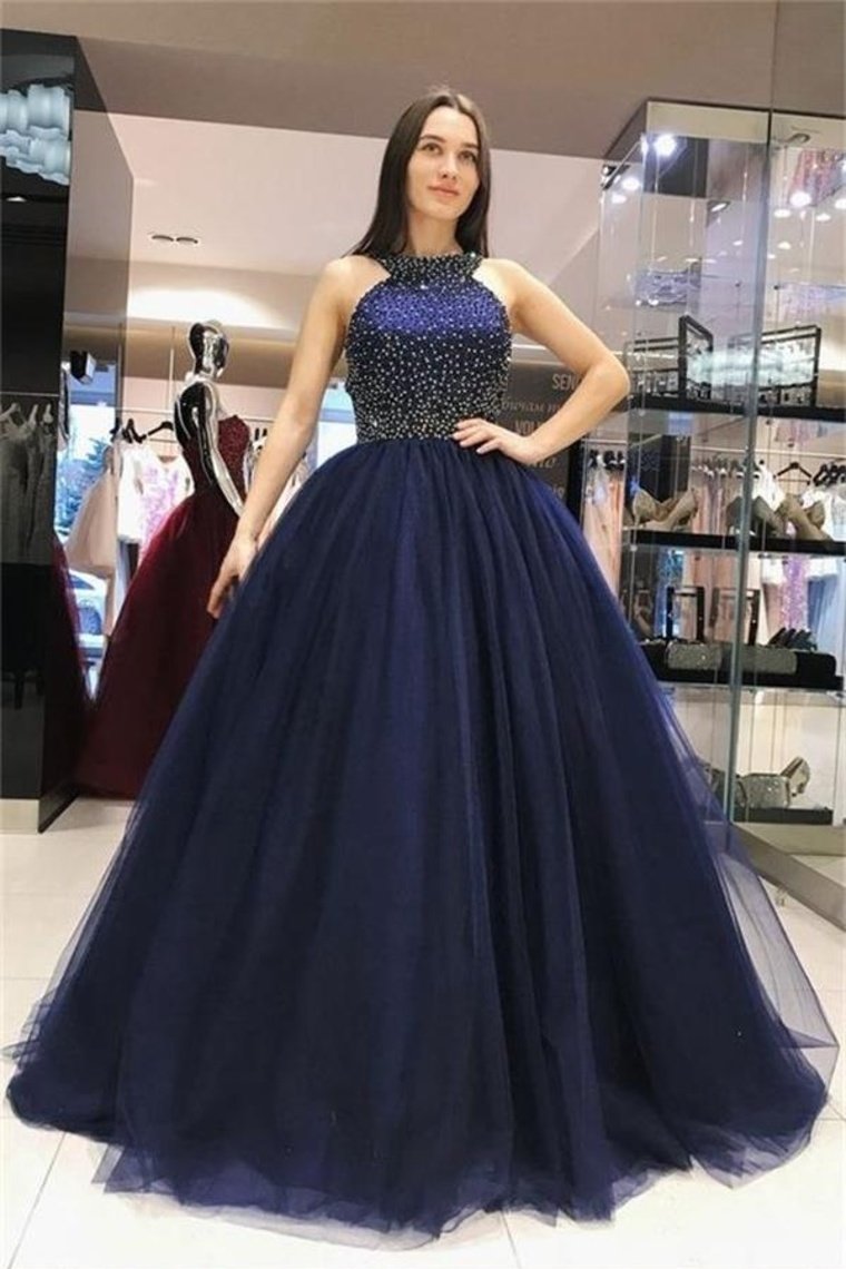 Ball Gown Long Navy Blue Beading Tulle Princess Prom Dresses Quinceanera Dresses