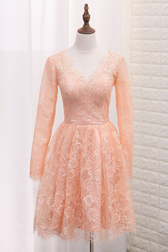 2024 A Line V Neck Long Sleeves Lace Homecoming Dresses With Sash