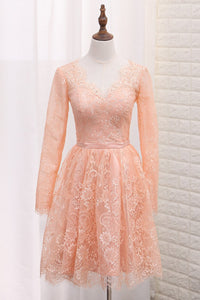 2023 A Line V Neck Long Sleeves Lace Homecoming Dresses With Sash