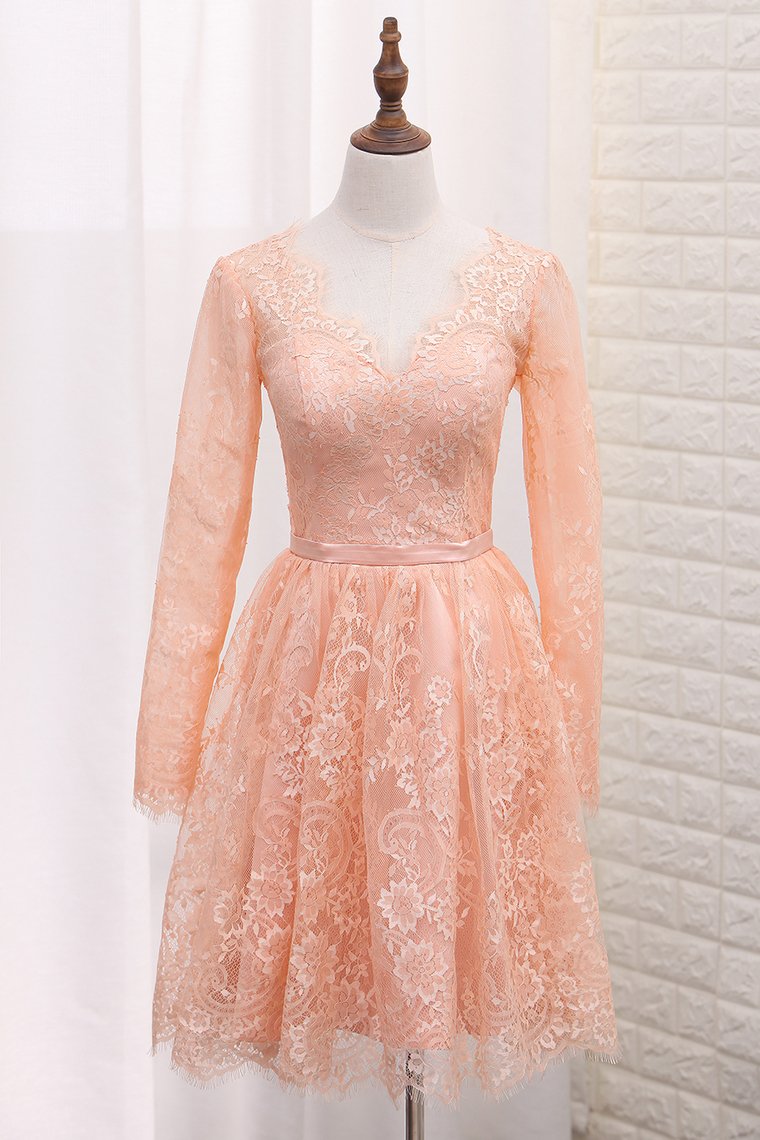 2023 A Line V Neck Long Sleeves Lace Homecoming Dresses With Sash