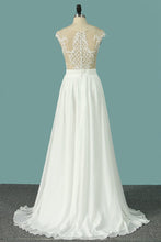 Load image into Gallery viewer, 2023 Chiffon Wedding Dresses Scoop Cap Sleeves With Applique And Slit