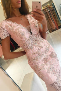 2024 V Neck Short Sleeves Prom Dresses Mermaid Lace With Applique And Beads