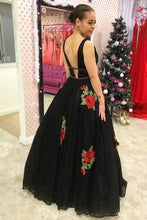 Load image into Gallery viewer, A Line V Neck Straps Lace Black Prom Dresses Backless Cheap Party Dresses RS698
