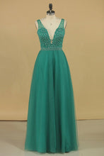 Load image into Gallery viewer, 2024 A Line V Neck Prom Dresses Tulle With Beading Floor Length
