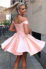 Load image into Gallery viewer, Off The Shoulder Satin A Line Short Homecoming Dress