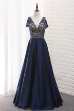 Load image into Gallery viewer, 2024 V Neck Beaded Bodice Satin A Line Open Back Floor Length Prom Dress
