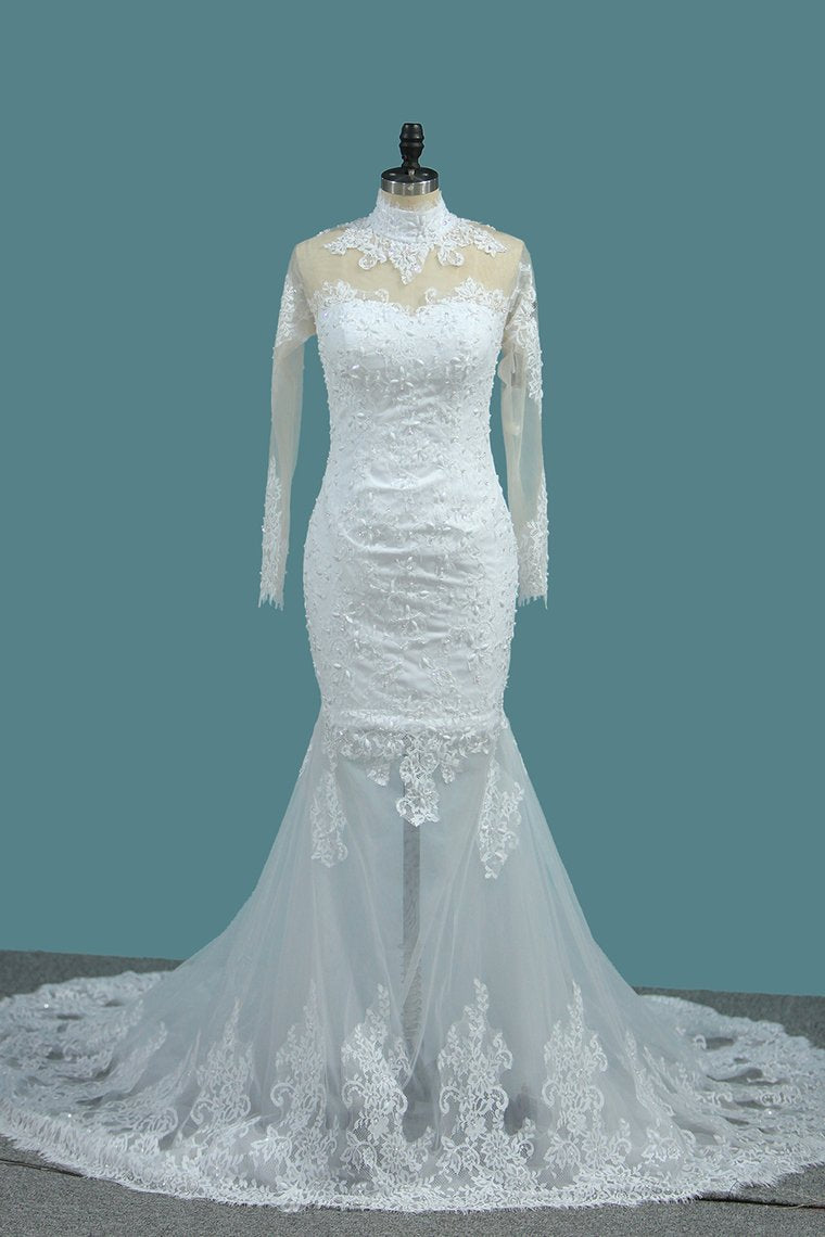 2024 Mermaid Wedding Dresses High Neck Long Sleeves Tulle With Applique And Beads