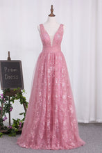 Load image into Gallery viewer, 2024 V Neck A Line Tulle &amp; Lace Prom Dresses Floor Length