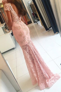 2024 V Neck Short Sleeves Prom Dresses Mermaid Lace With Applique And Beads