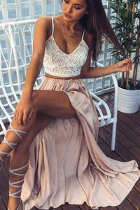 2024 Two-Piece Spaghetti Straps Prom Dresses Chiffon With Slit A Line