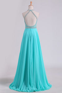 2024 Open Back A Line Prom Dresses Halter Beaded Bodice Sweep Train Chiffon & Tulle