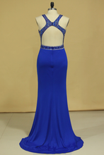Load image into Gallery viewer, 2024 Dark Royal Blue Open Back Prom Dresses Scoop Spandex With Beading And Slit Sweep Train