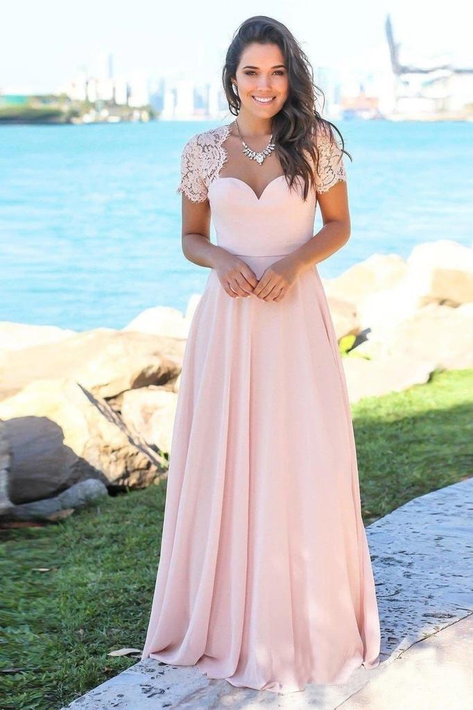 Blush Pink Sweetheart Maxi Dresses Open Back Lace Sleeve Beach Wedding Guest Dresses SRS15566