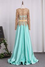 Load image into Gallery viewer, 2023 Scoop Long Sleeves Satin A Line With Applique Evening Dresses