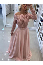 Load image into Gallery viewer, A-Line/Princess Bateau Long Sleeves Floor-Length Lace Chiffon Dresses