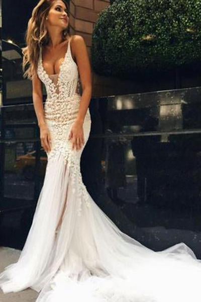 Luxurious Mermaid Long V-neck Wedding Dress with Open Back RS544